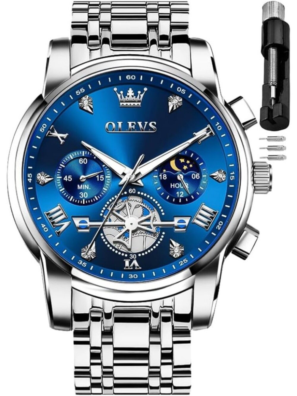 Mens Silver And Blue Skeleton Stainless Diamond Multi Calendar Chronograph Watch